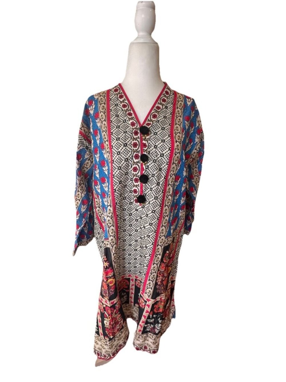 Khaadi Pret Tunic Dress Red Blue S 12 Cotton Boho Lightweight Summer Perfection